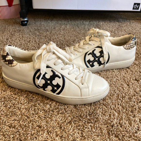 Tory Burch Shoes - Tory Burch Cream and Black Logo Sneakers with snake skin trim